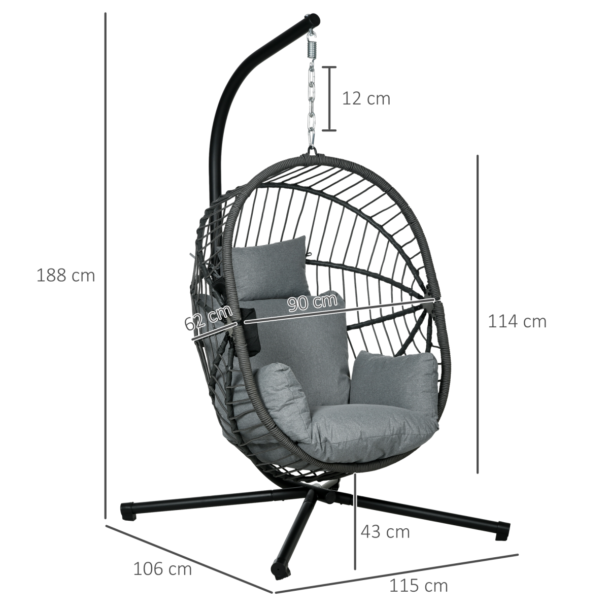 Outsunny Hanging Swing Chair w/ Thick Cushion, Patio Hanging Chair, Grey