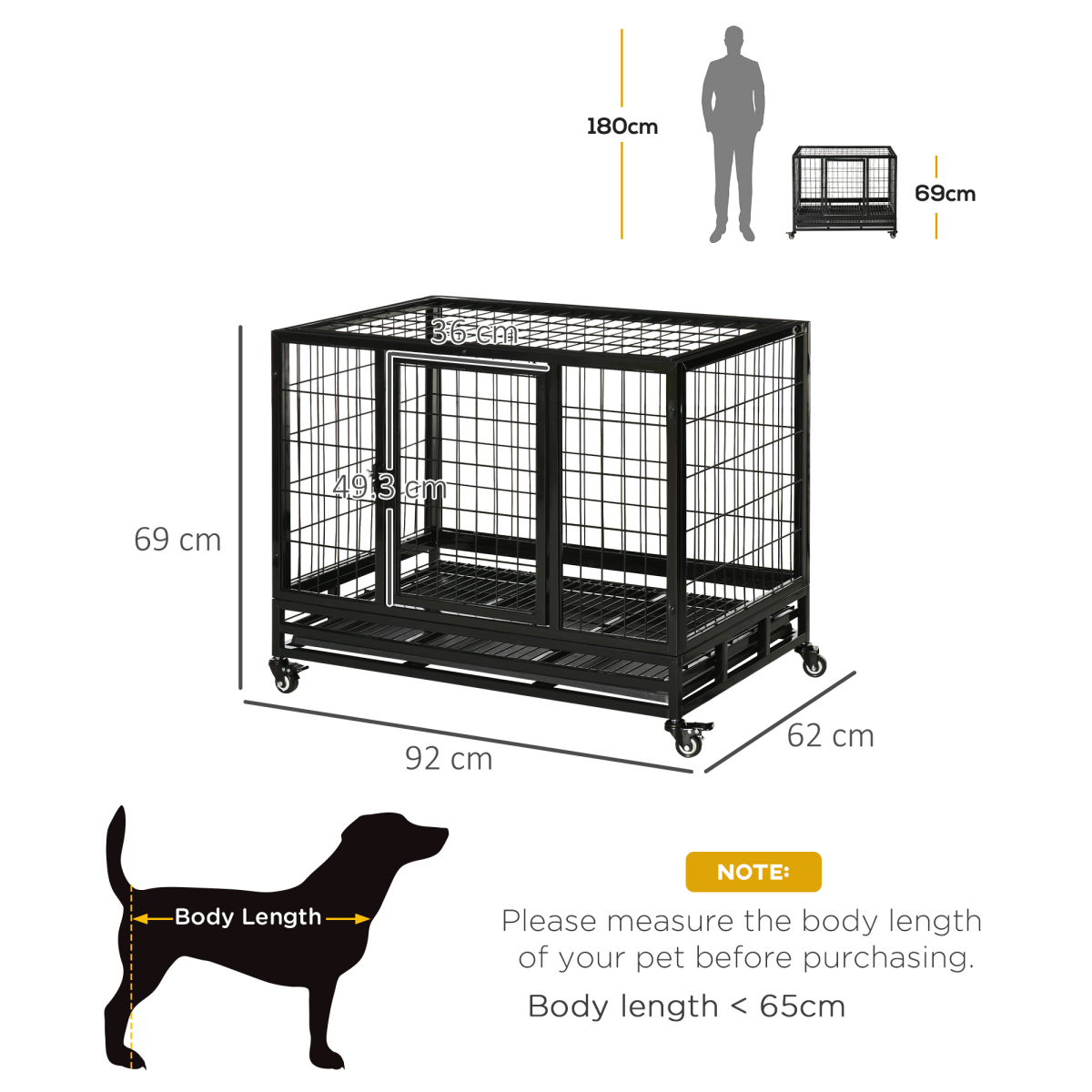 Dog Cage Pet Metal Heavy Duty with Wheels and Crate Tray for Kennel Black M L