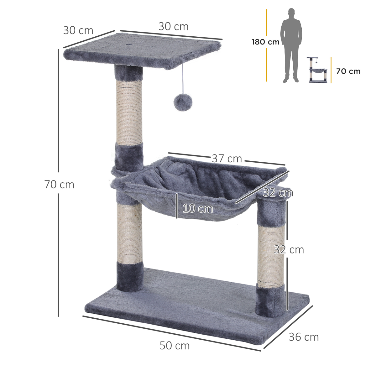 Cat Tree Scratching Posts  Natural Sisal Hammock Bed Kitty Activity Center 70Hcm
