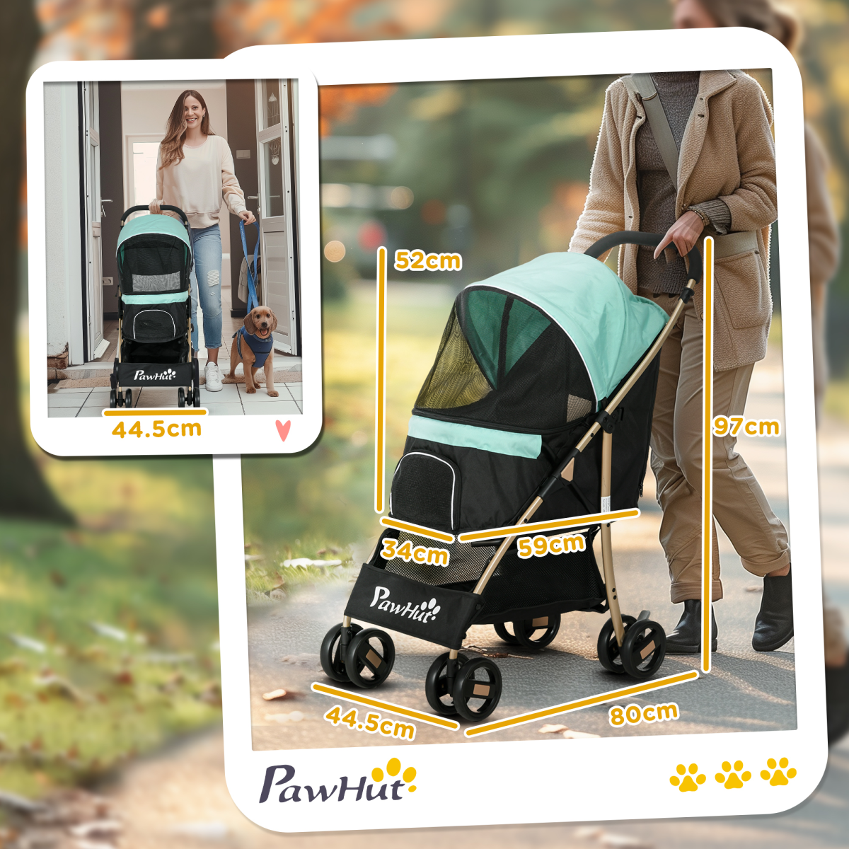 PawHut Pet Stroller for XS and S Dogs with Rain Cover - Green