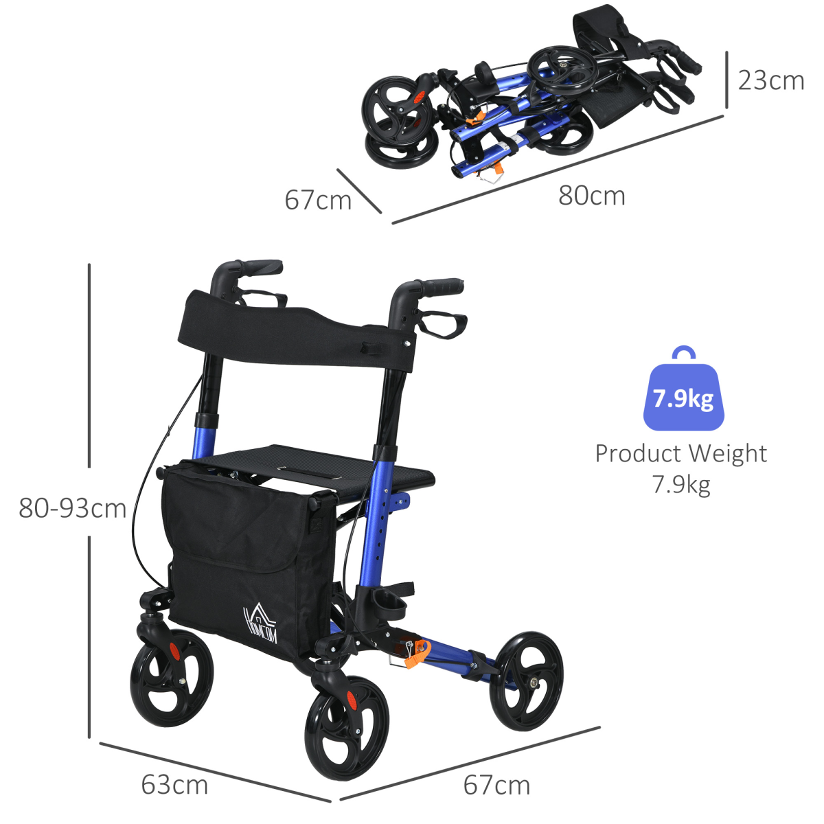 4 Wheel Rollator Walker with Seat Adjustable Mobility Walker with Bag, Blue