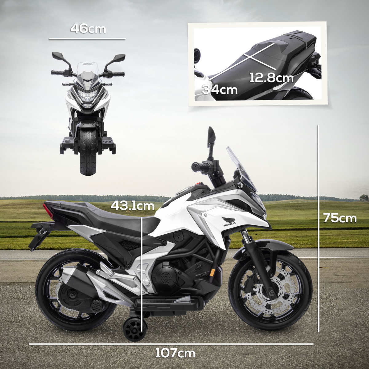 AIYAPLAY Honda Licensed 12V Kids Electric Motorbike w/ Music Headlights - White