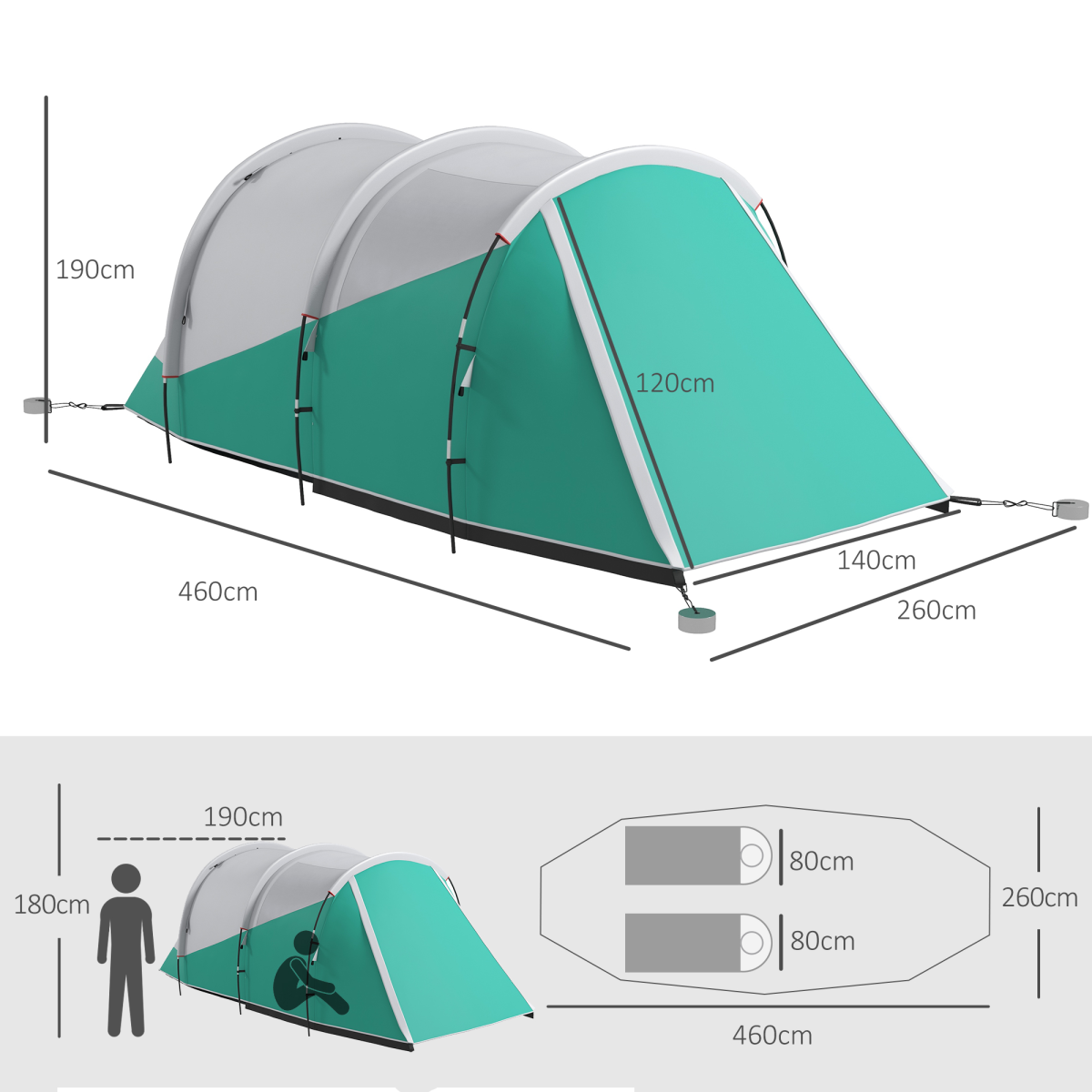 Outsunny 3000mm Waterproof Camping Tent with 2 Rooms for 4-5 Man, Green