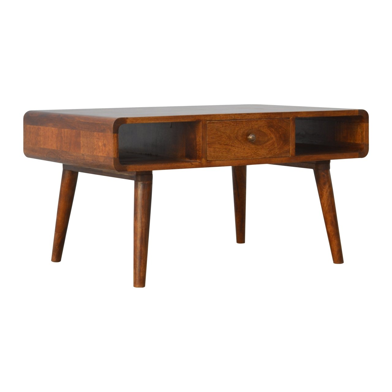 Artisan Furniture Solid Wood Curved Chestnut Coffee Table, 2 Drawers, 2 Open Slots, Dark Brown