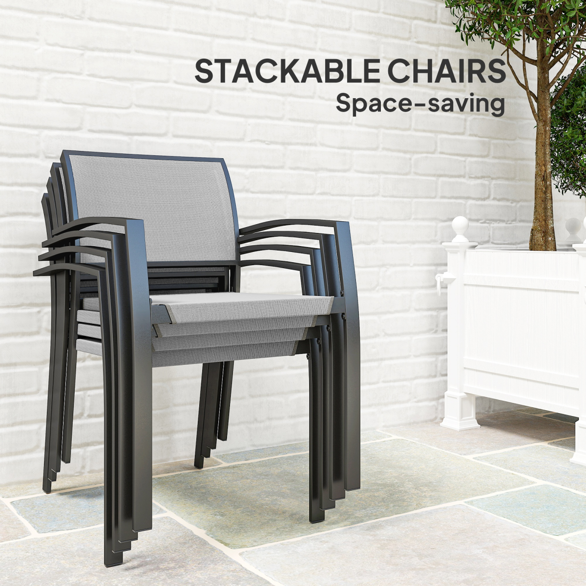 Outsunny 5 Piece Garden Furniture Set with 4 Stackable Armchairs, Grey