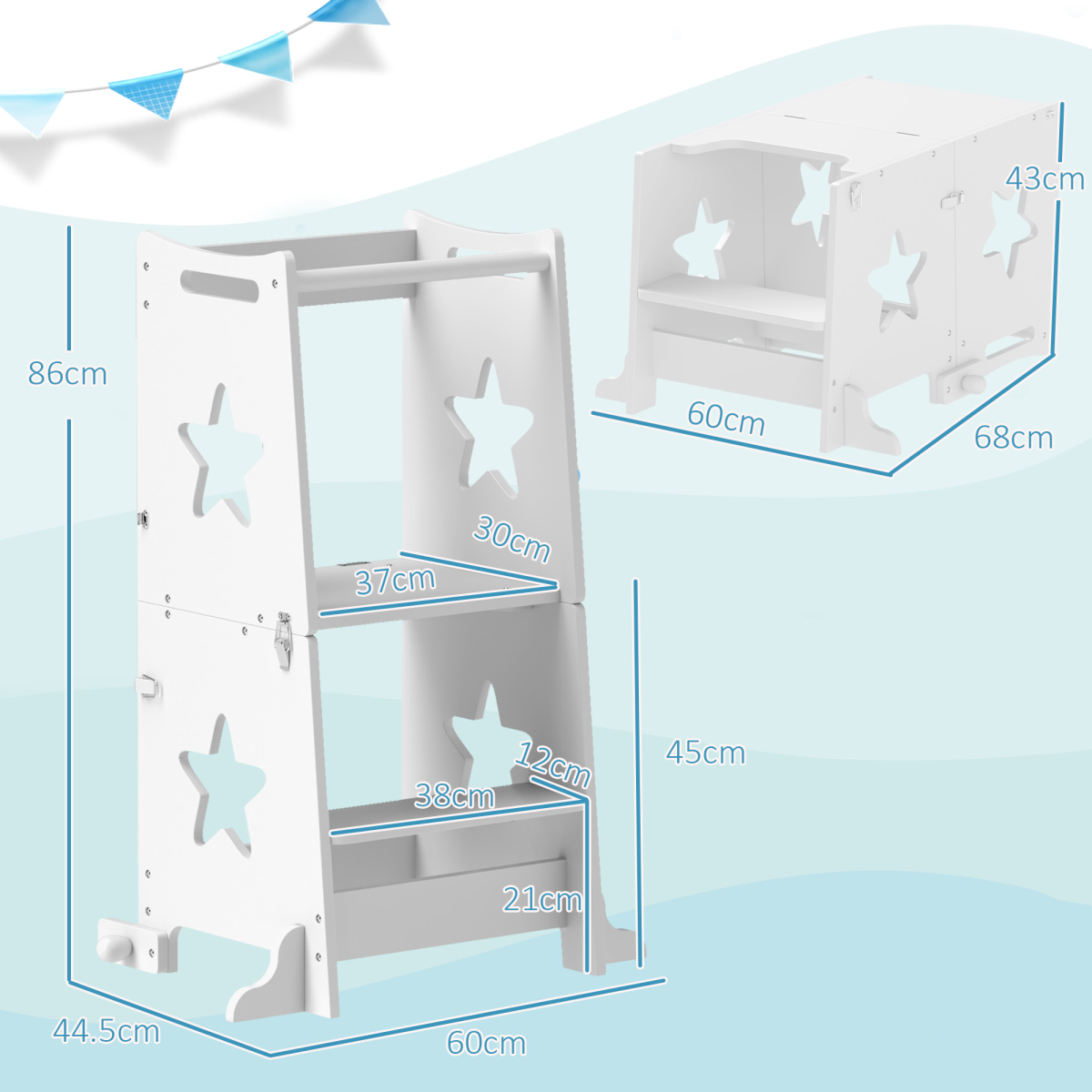 AIYAPLAY 2 in 1 Toddler Step Stool with Safety Rail for Kitchen, White