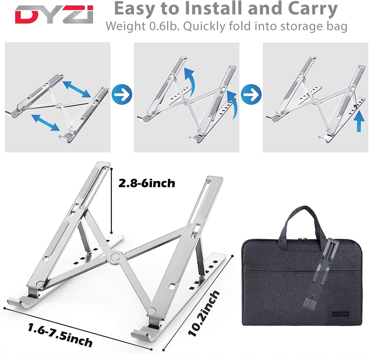 DYZI Laptop Stand-Ventilated Aluminium Laptop Holder for Macbook,Notebook,iPad-Adjustable Lightweight Cooling Stand compatible with Dell XPS,HP,Samsung,Lenovo, 10-15.6" Laptop or Tablet