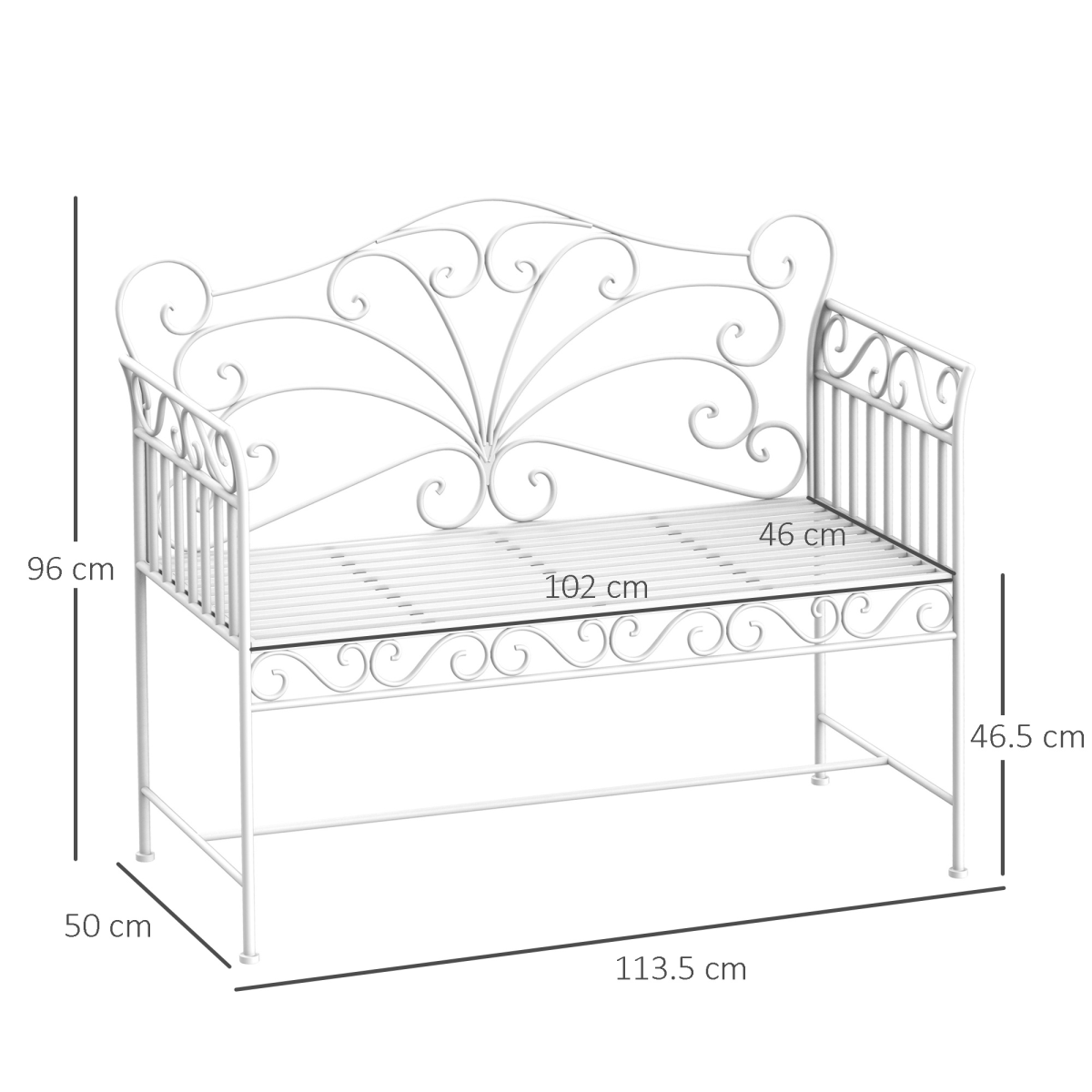 2 Seater Metal Bench Park Seating Outdoor Furniture Chair w/ Backrest White