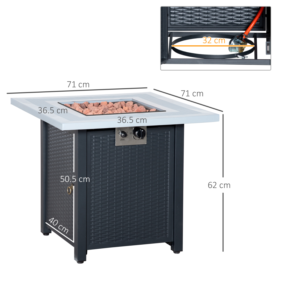 Square Propane Gas Fire Pit Table Rattan Smokeless Heater with Lava Rocks & Lid