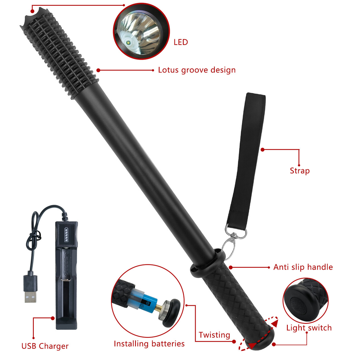 （2 Pack）3-Modes USB Rechargeable LED Flashlight Hiking Security Torch Camping Outdoor Flashlight Set