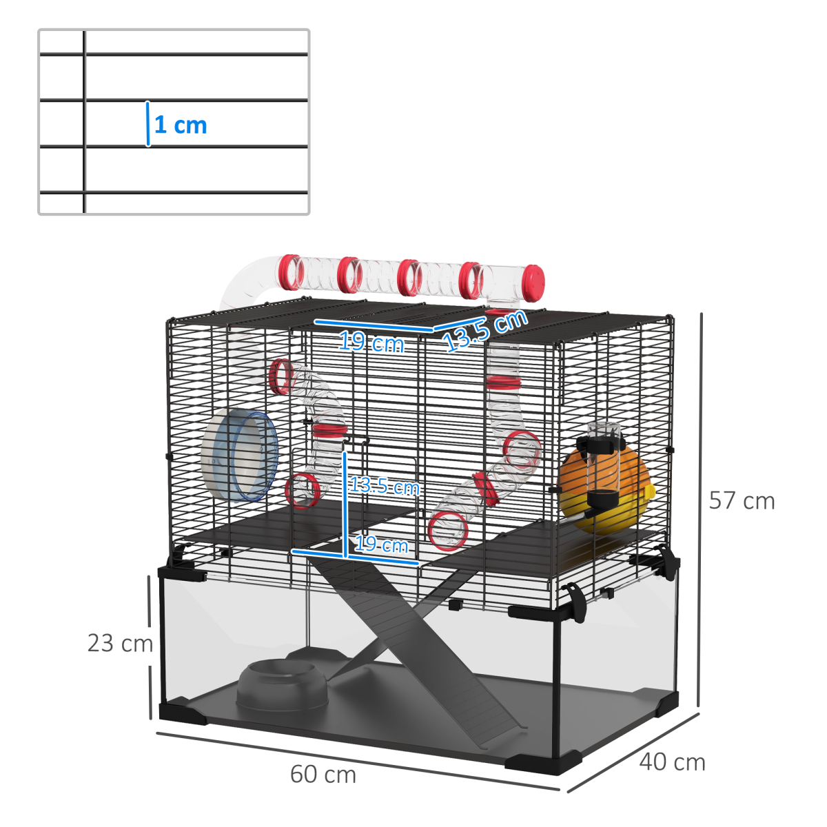 PawHut Hamster Cage w/ Tubes, Ramps, Platforms, Hut, 60 x 40 x 57cm