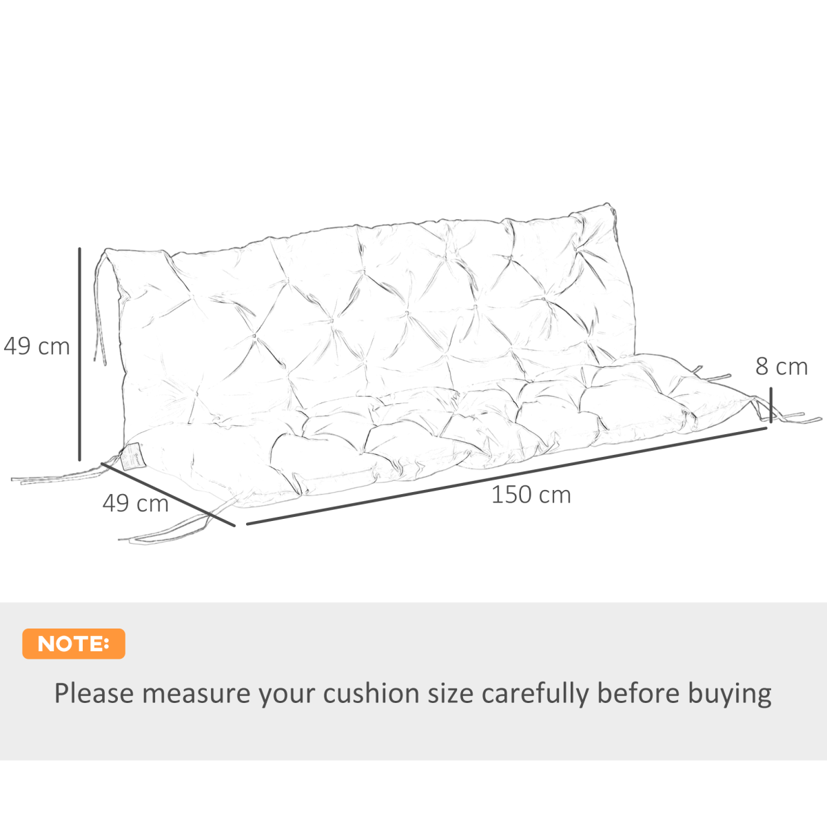3 Seater Garden Bench Cushion Outdoor Seat Pad with Ties Dark Grey