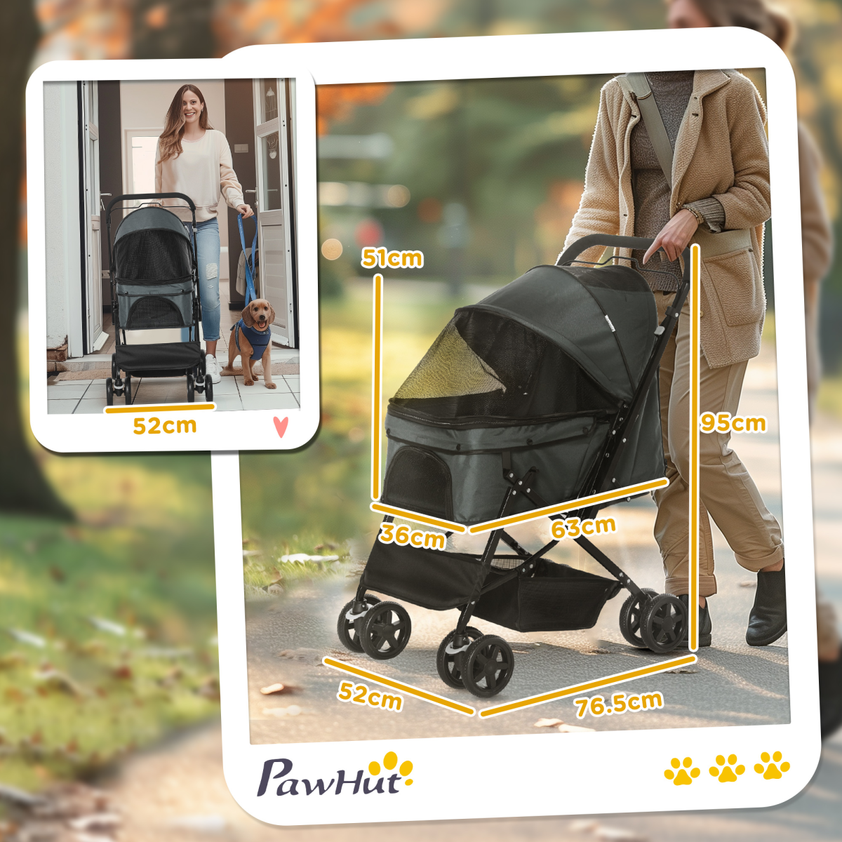 PawHut Pet Stroller Dog Foldable Travel Carriage with Reversible Handle, Grey