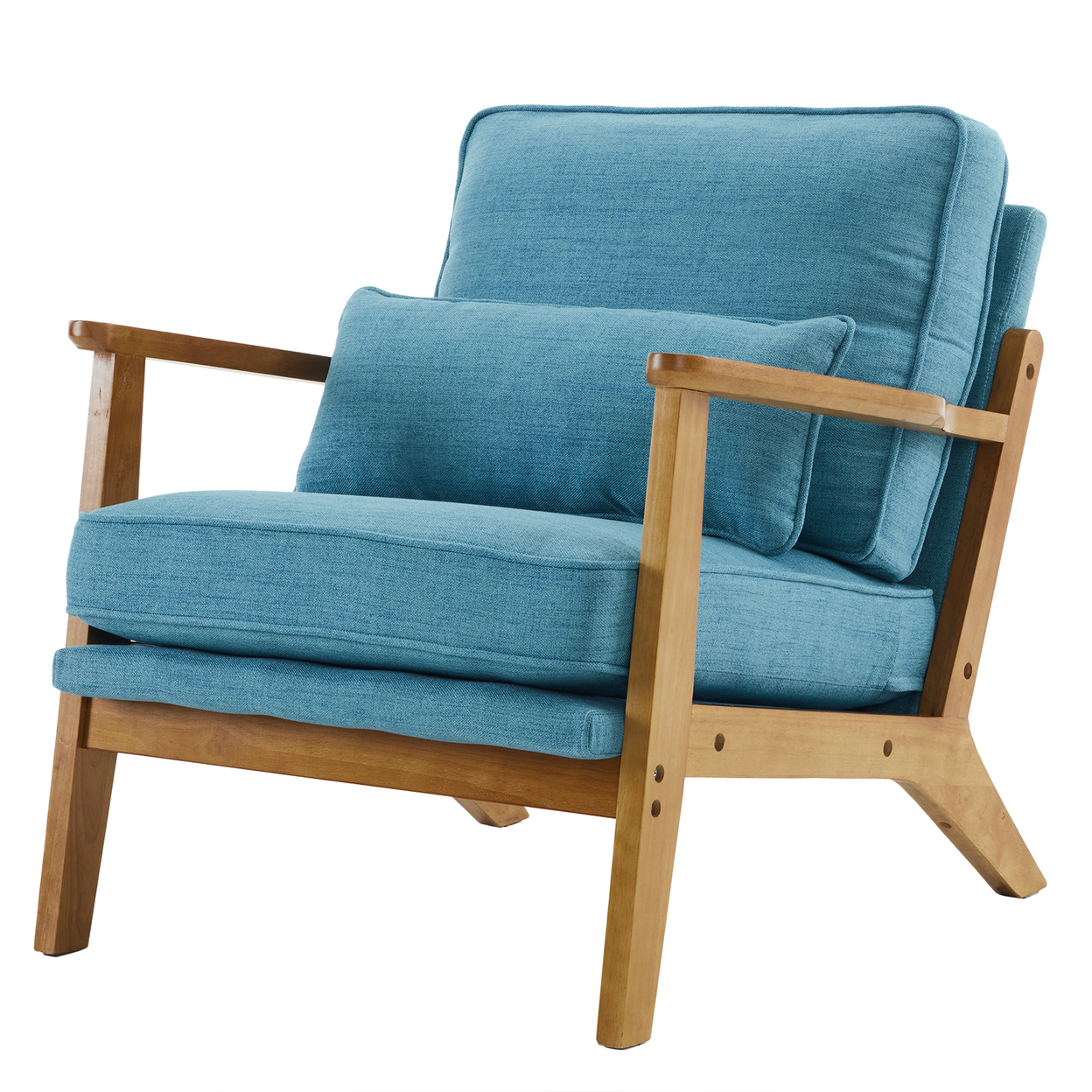 Mid-Century Oak Accent Chair - Linen-Cotton Navy Blue Upholstered Single Lounge Chair, Indoor Armchair with Sturdy Wood Frame (330LBS Weight Capacity)