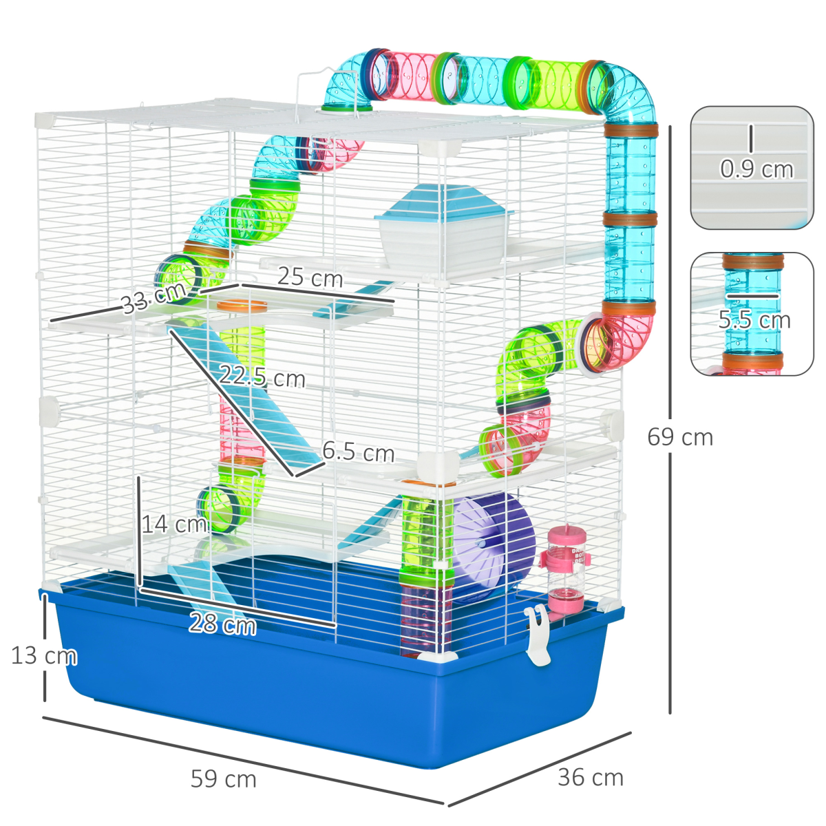 Five-Level Hamster Cage w/ Tubes, Water Bottle, Exercise Wheel, Ramps - Blue