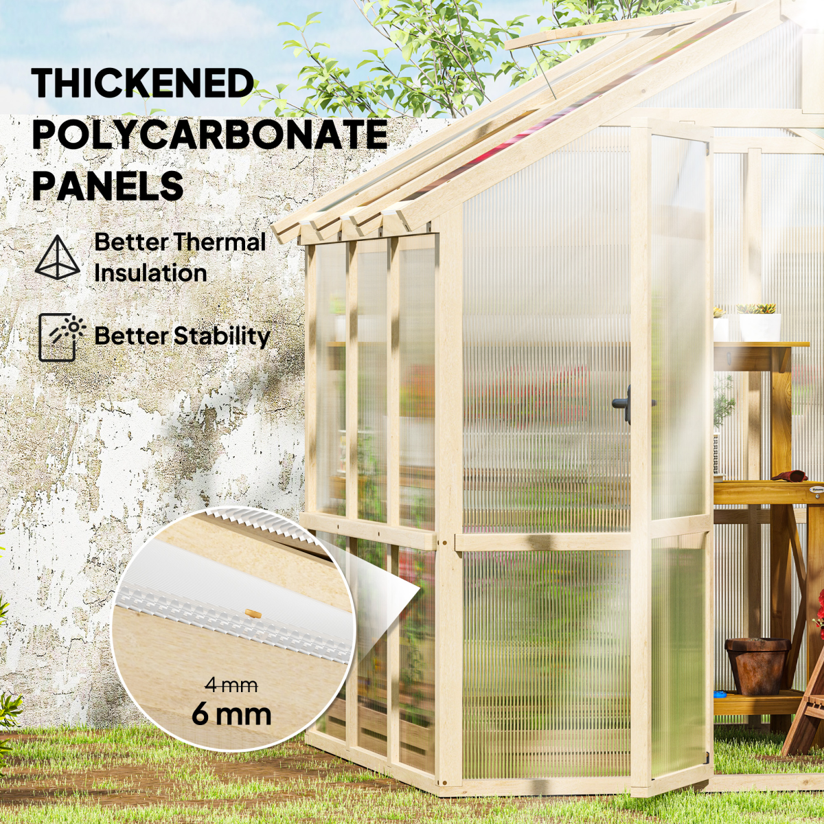 Outsunny 6.6 x 6ft Wooden Polycarbonate Greenhouse with Lockable Door, Brown