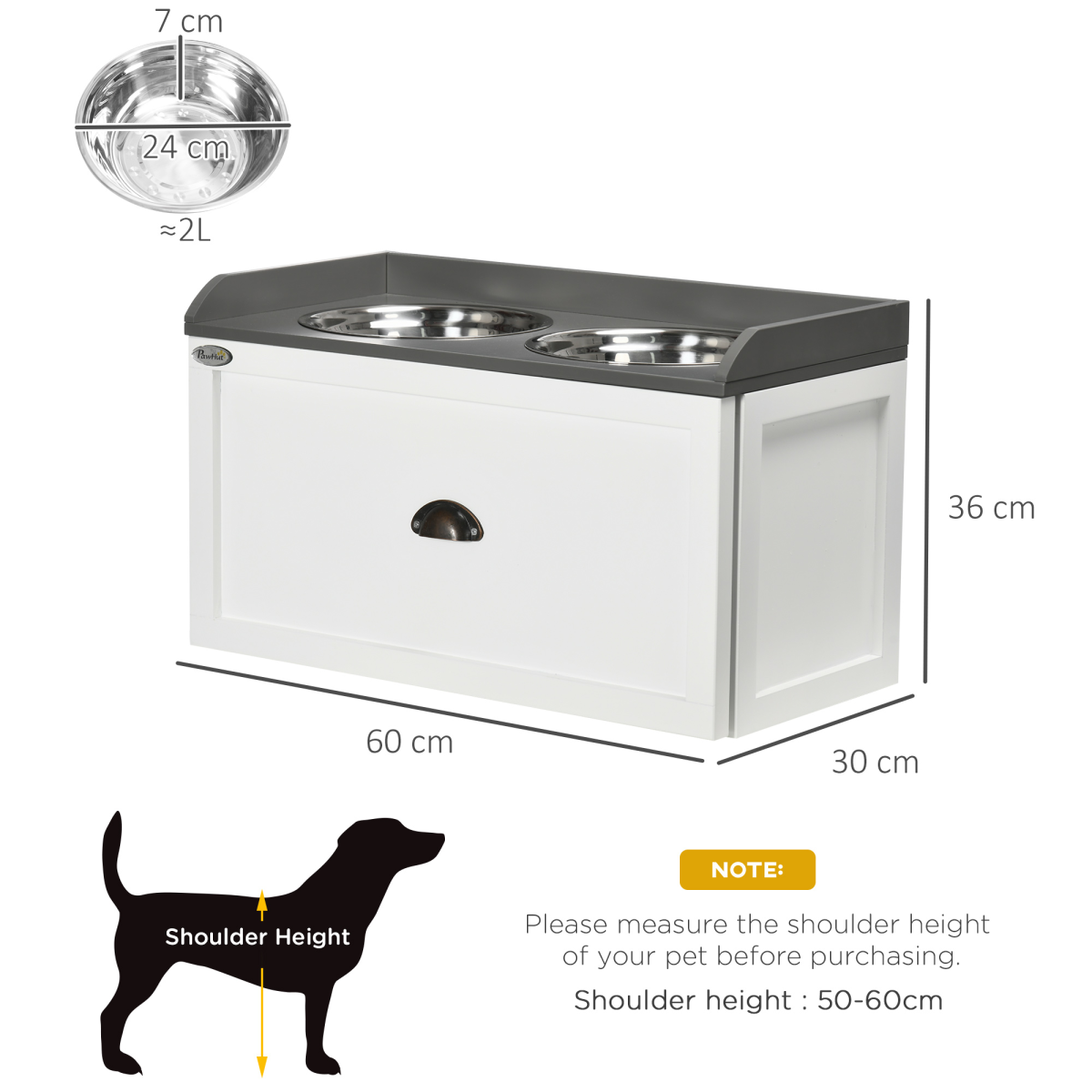 Elevated Dog Bowls w/ 21L Storage Drawer for Large Dogs and Cats - White