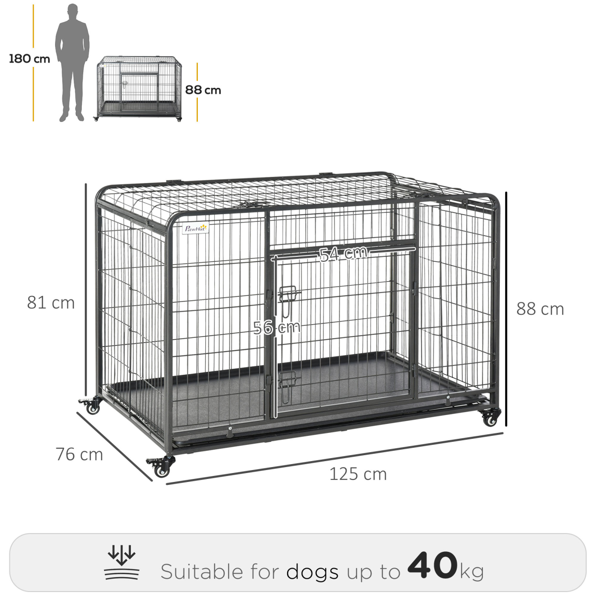 81x125cm Metal Dog Cage Kennel Locking Door & Wheels Extra Large Pets Pawhut