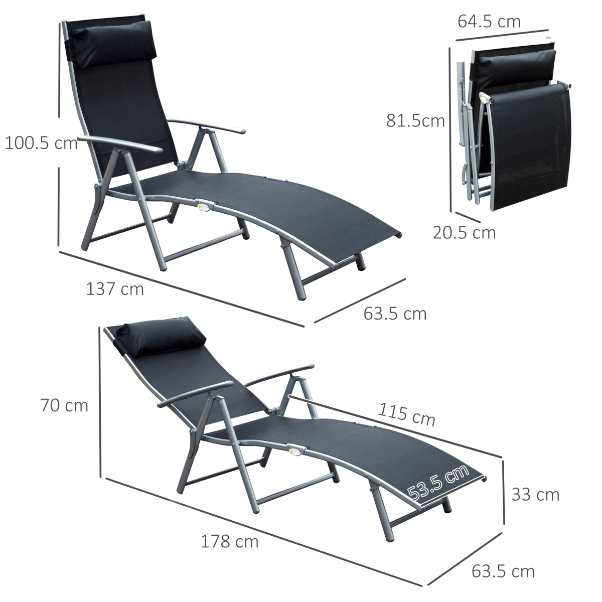 Sun Lounger Recliner Foldable 7 Levels Textilene Black Patio