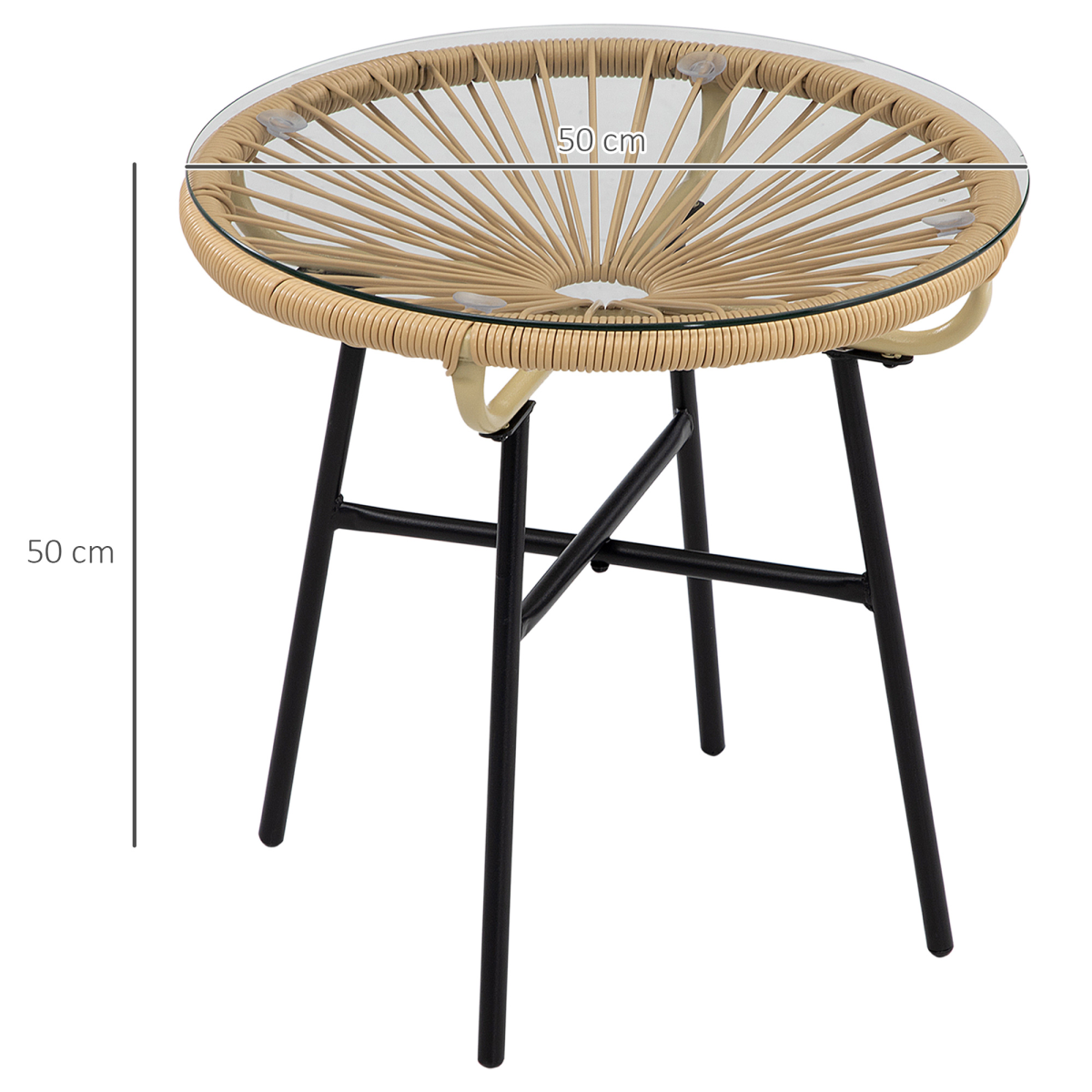 Rattan Side Table with Round PE Rattan and Tempered Glass Table Top