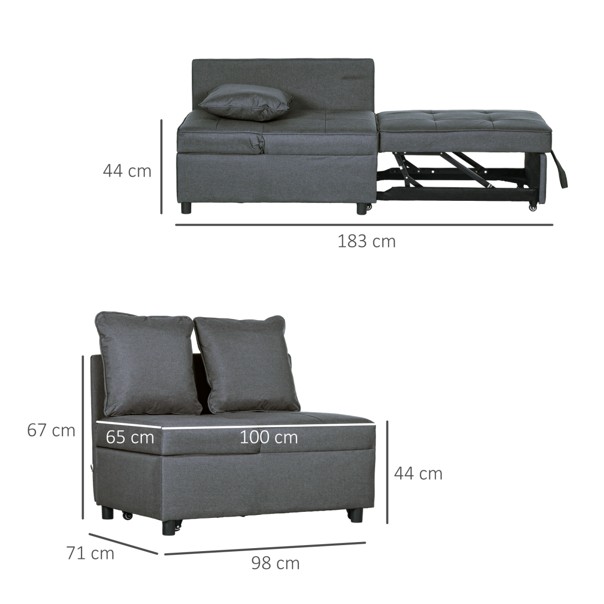 HOMCOM Folding Sleeper Sofa Bed Chair with Pillows, Pocket, Grey