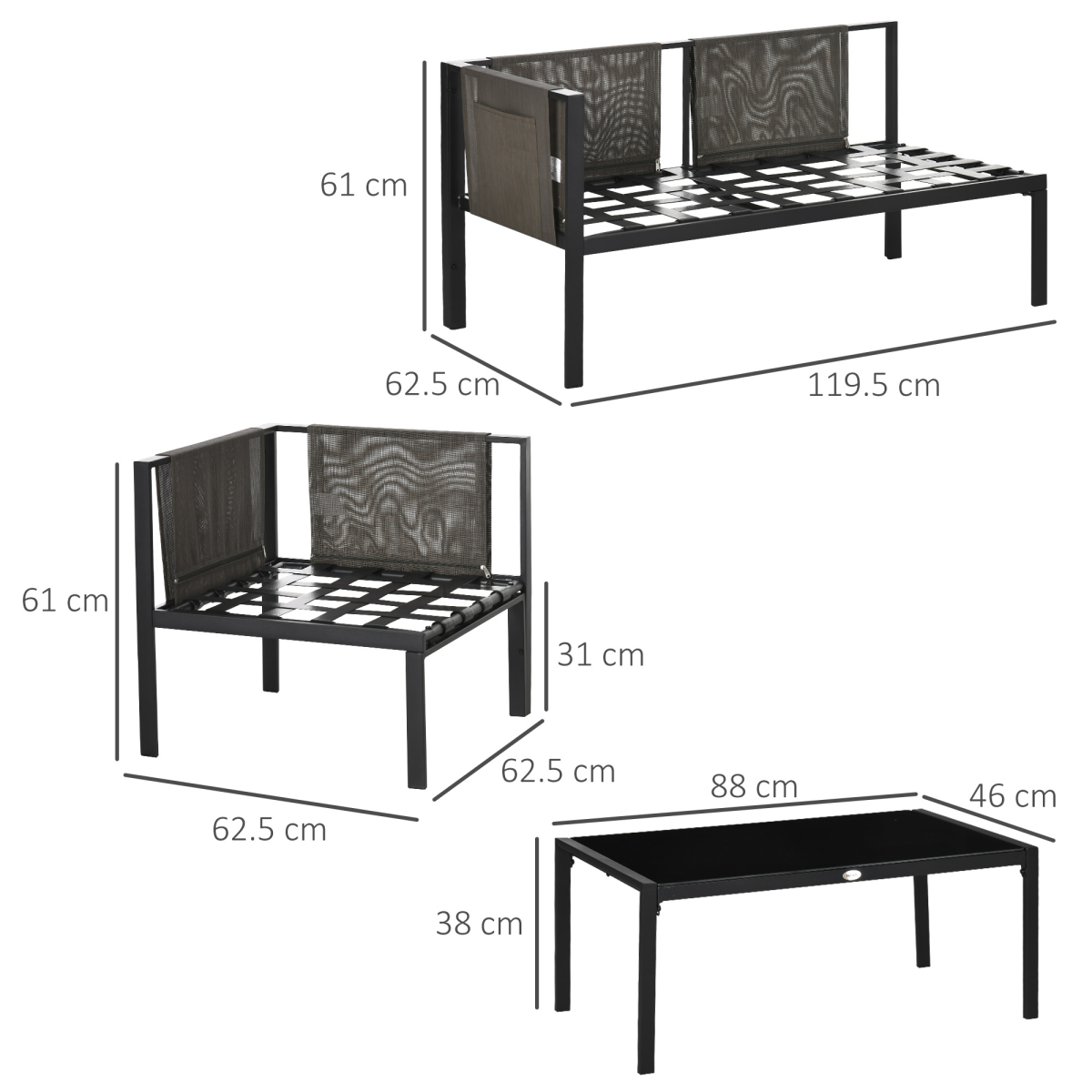Outsunny 4 Piece Garden Furniture Set w/ Breathable Mesh Pocket, Light Grey