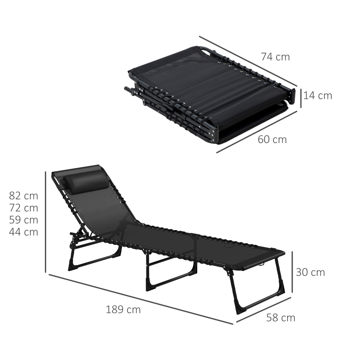 Outsunny 2 Pcs Folding Beach Chair Chaise Lounge 4 Adjustable Positions, Black