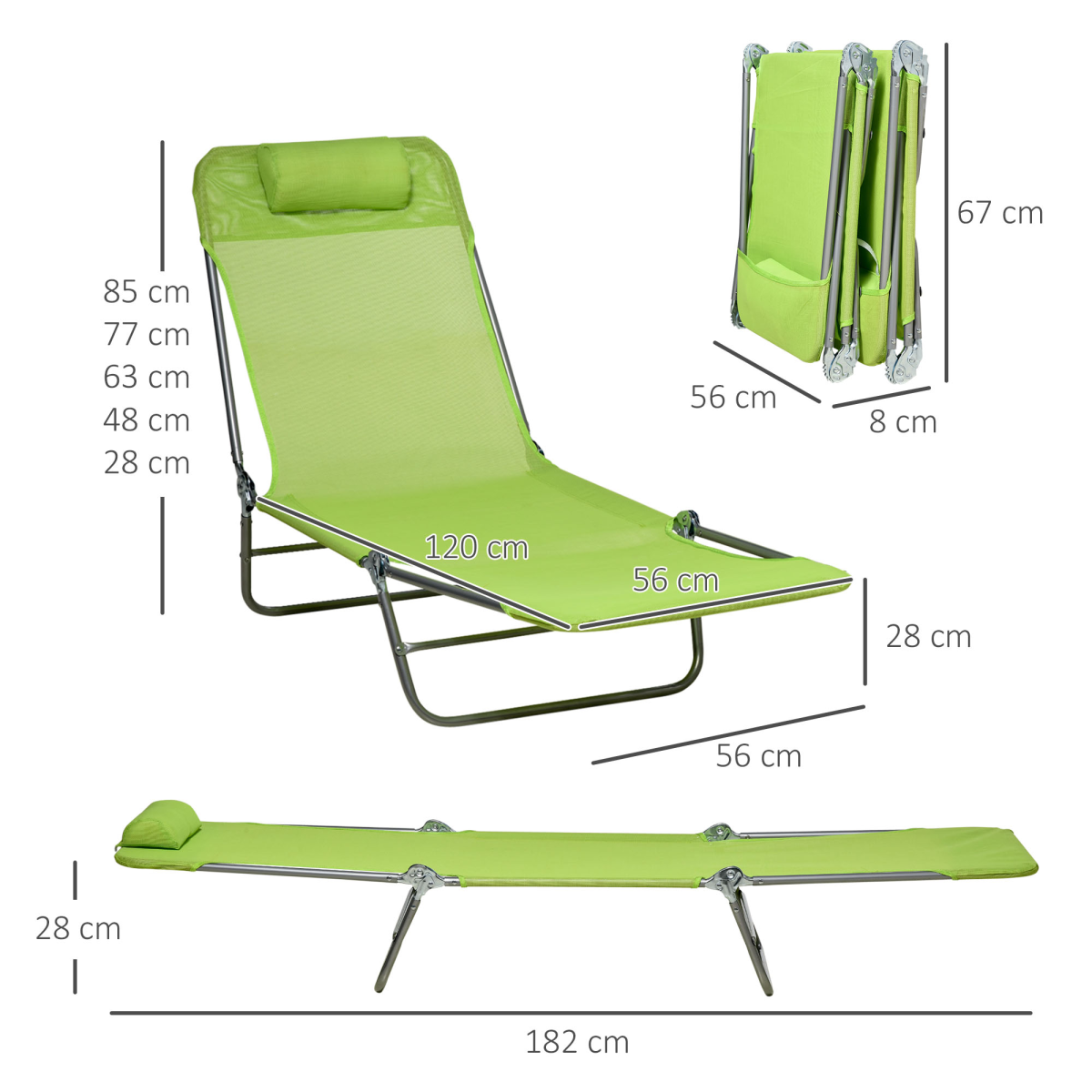 Outsunny 2 Piece Folding Sun Loungers with Adjustable Backrest, Pillow, Green
