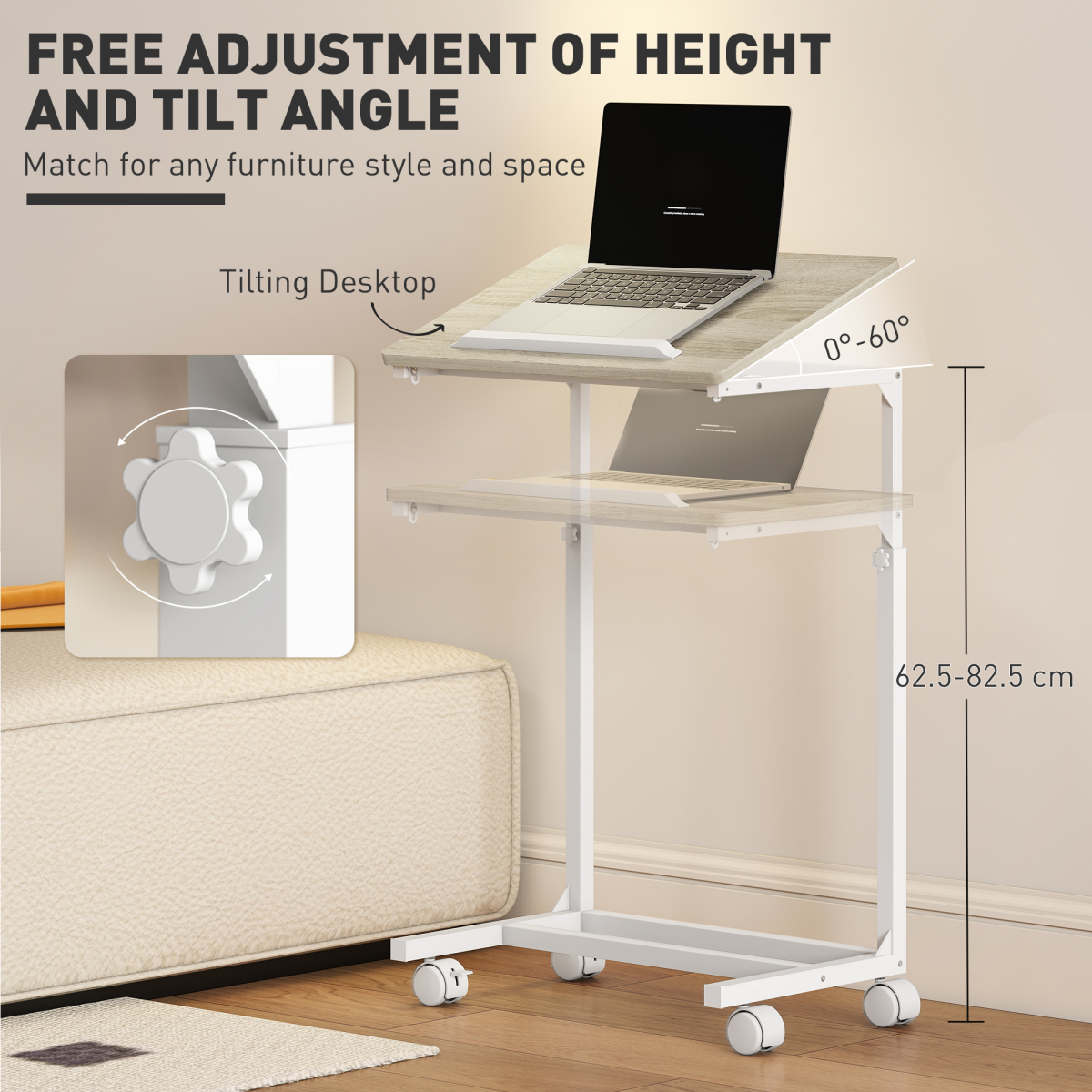 HOMCOM C-Shaped Sofa Side Table, Height Adjustable Overbed Table, Oak