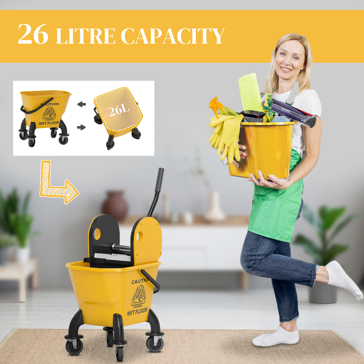 HOMCOM Mop Bucket with Wringer on Wheels for Floor Cleaning 26 Litre Yellow