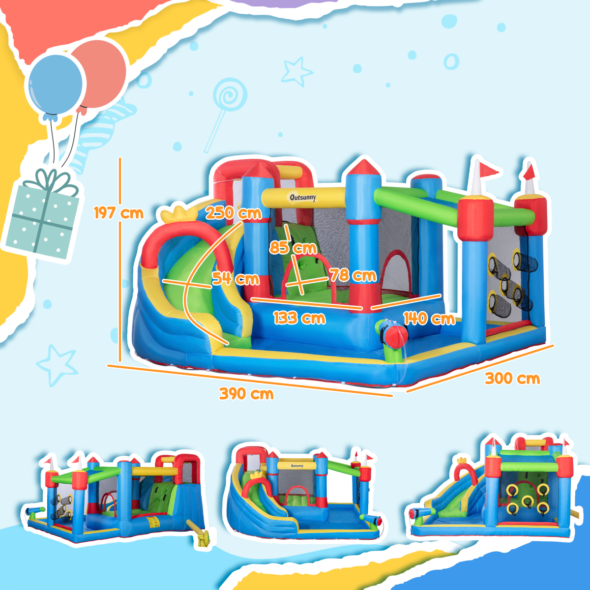 Kids Inflatable Bouncy Castle 6 in 1 Water Slide Water Gun Air Blower