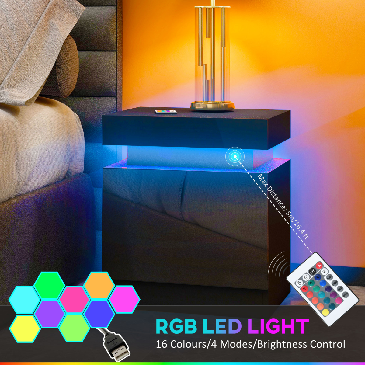 HOMCOM High Gloss Bedside Table with LED Light and 2 Drawers, Black