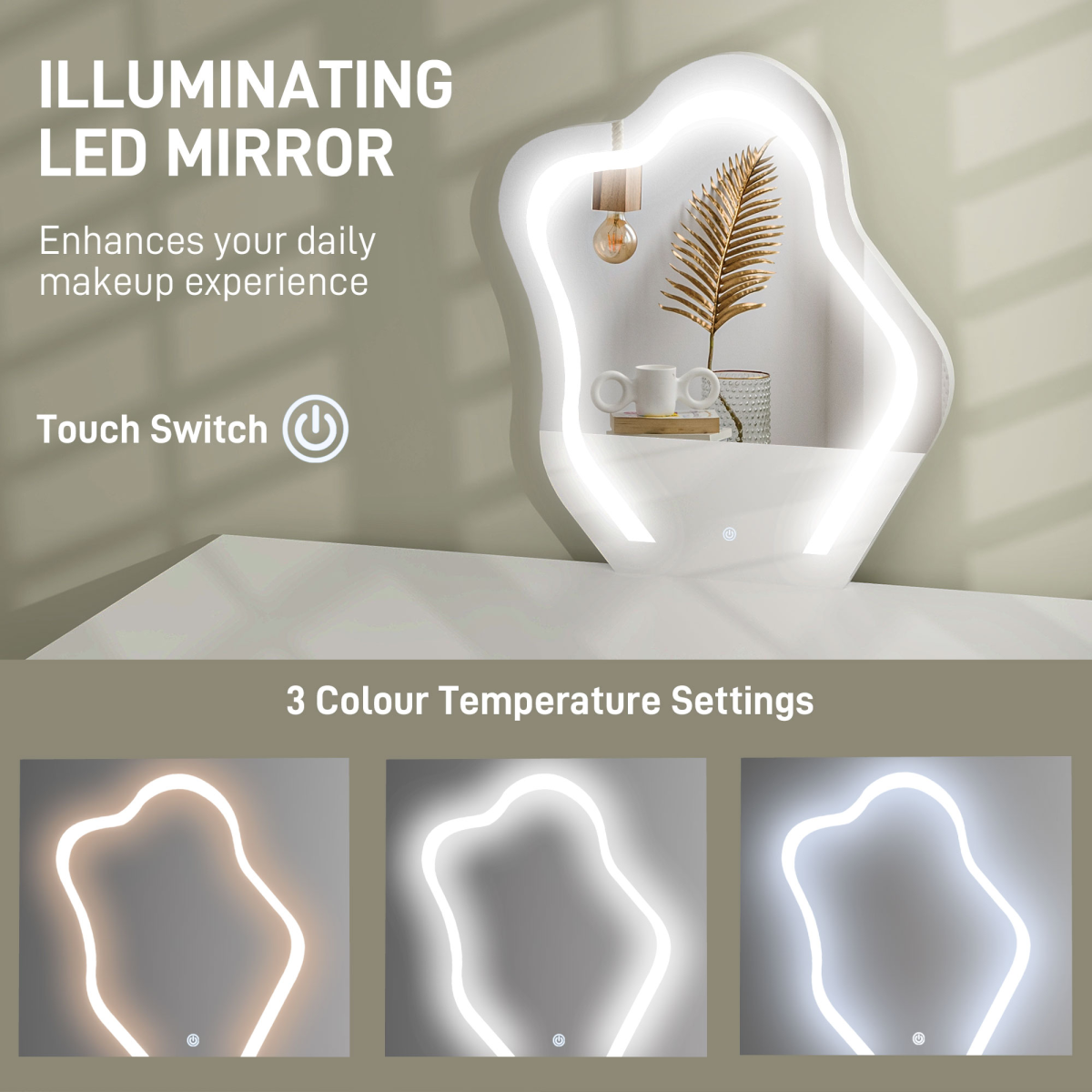 HOMCOM Dressing Table with LED Leaf Shape Mirror and 5 Drawers, White