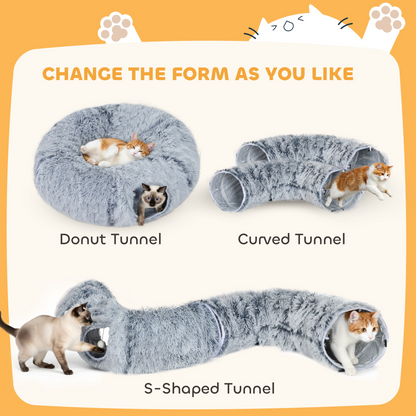 PawHut Donut Play Tunnel Bed with Washable Cushion and Toy Ball, Light Grey