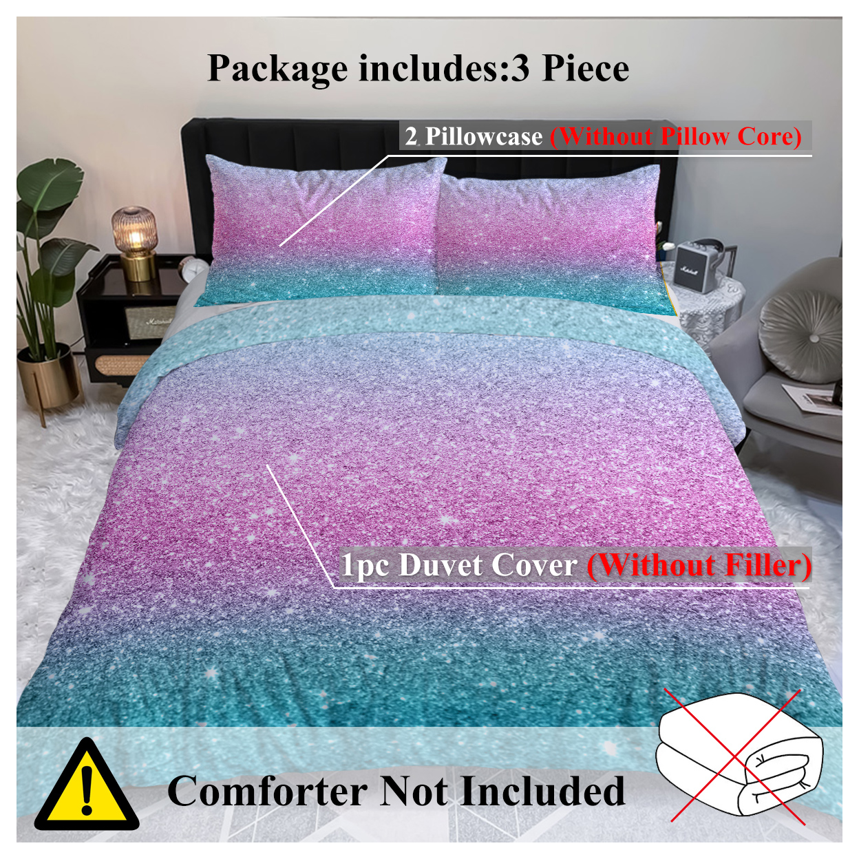 Girly Duvet Cover Rainbow Glitter Ombre Bedding Sets 3 Pcs Chic Unicorn Pink Purple Blue Green Pastel Bed Spreads Sparkle Quilt Cover Set with 2 Pillow Shams (Single)
