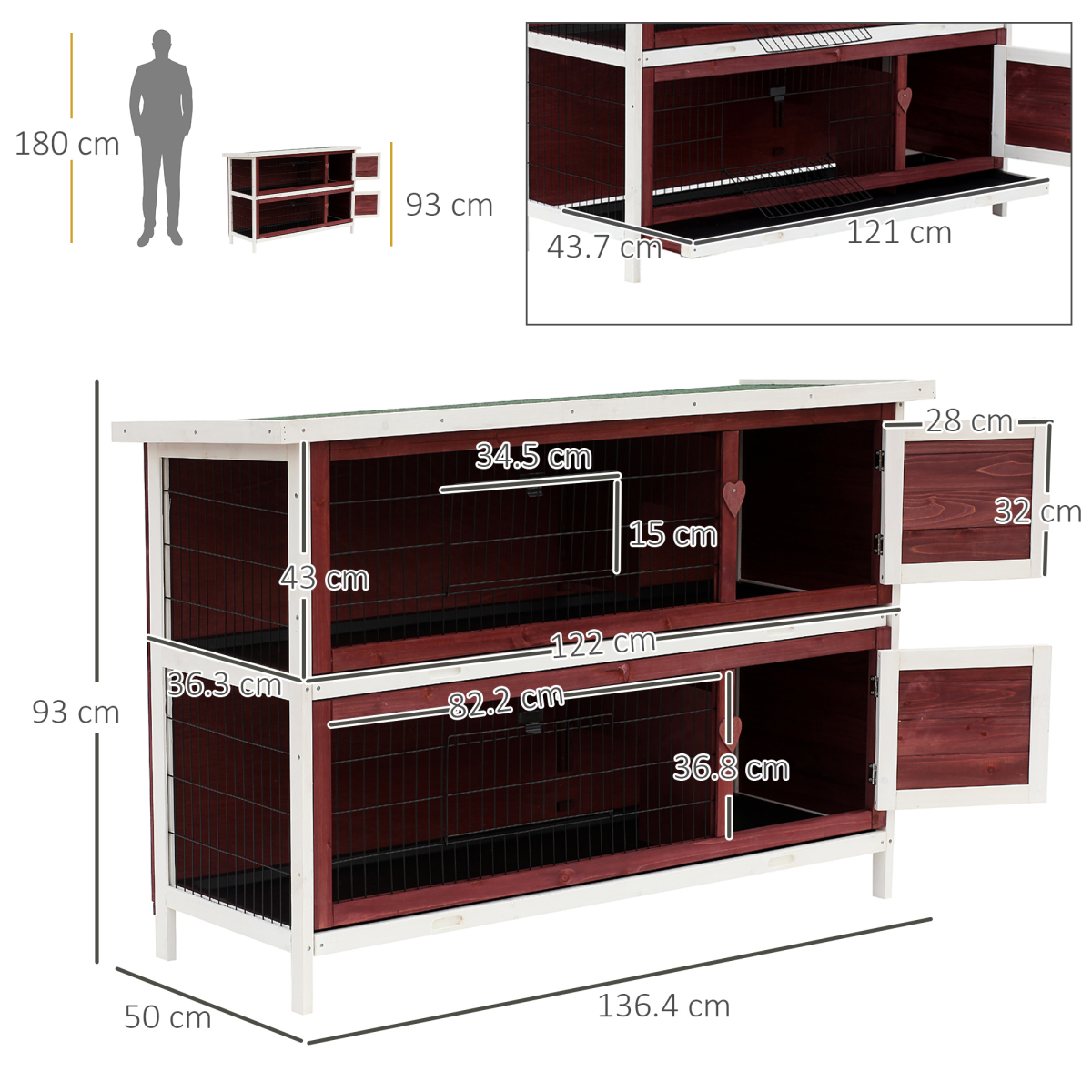 Two-Tier Elevated Wooden Rabbit Hutch Bunny Cage for Small Pet Animals w/ Tray