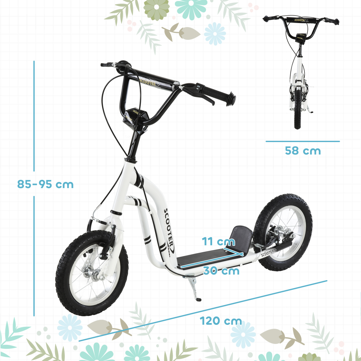 Dual Brakes Kick Scooter 12-Inch Inflatable Wheel Ride On Toy HOMCOM