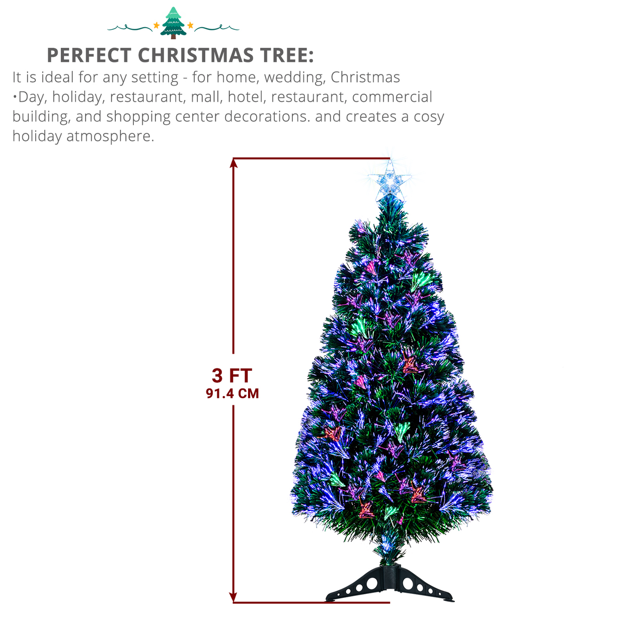FCH 3ft Top With Stars Plastic Base PVC Material Optical Fiber Colorful And Color-Changing 85 Branches Christmas Tree White