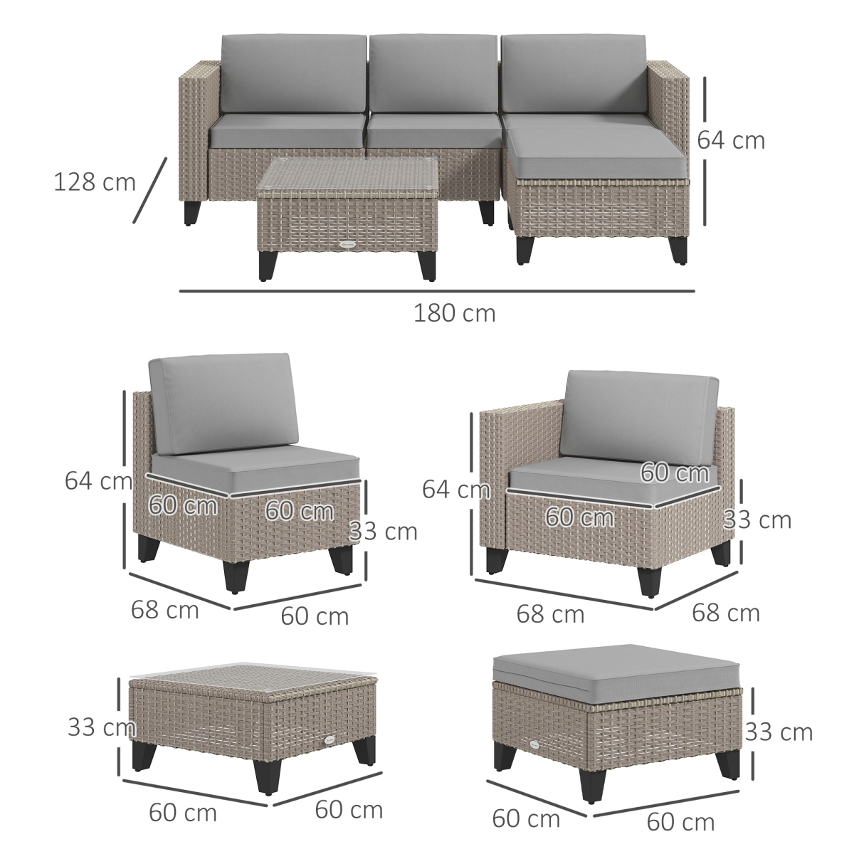 Outsunny 5 PCs Rattan Garden Furniture Set with Glass Coffee Table, Brown