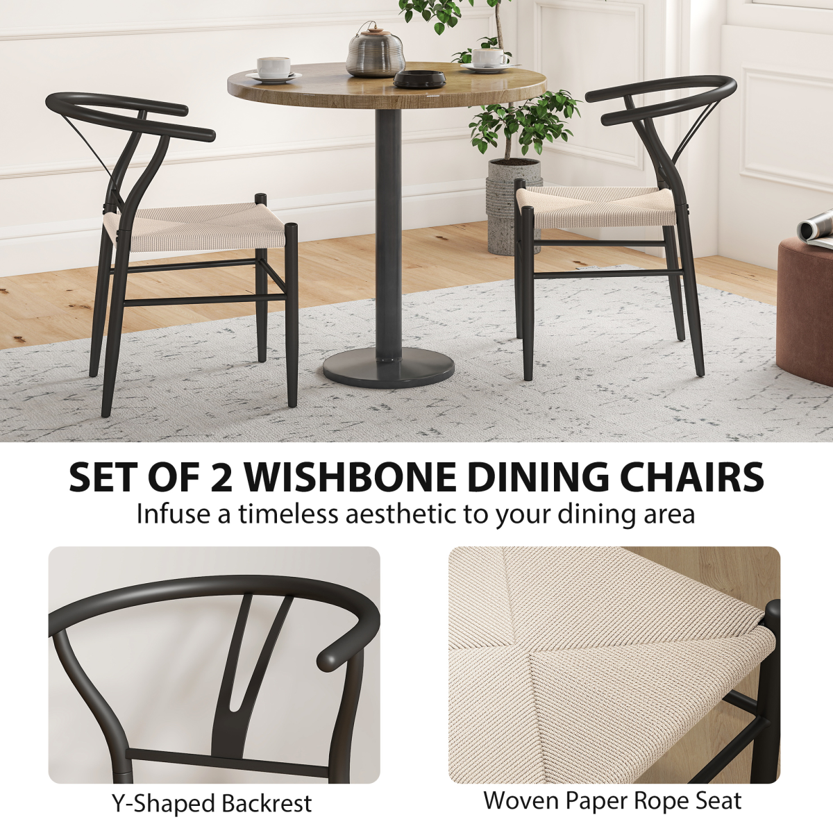 HOMCOM Weave Dining Chairs Set of 2 with Y-Shaped Backrest Hemp Seat Black