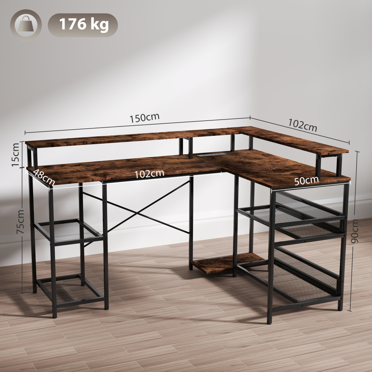 HOMCOM L Shaped Gaming Desk w/ LED Lights and Power Outlets for Small Space