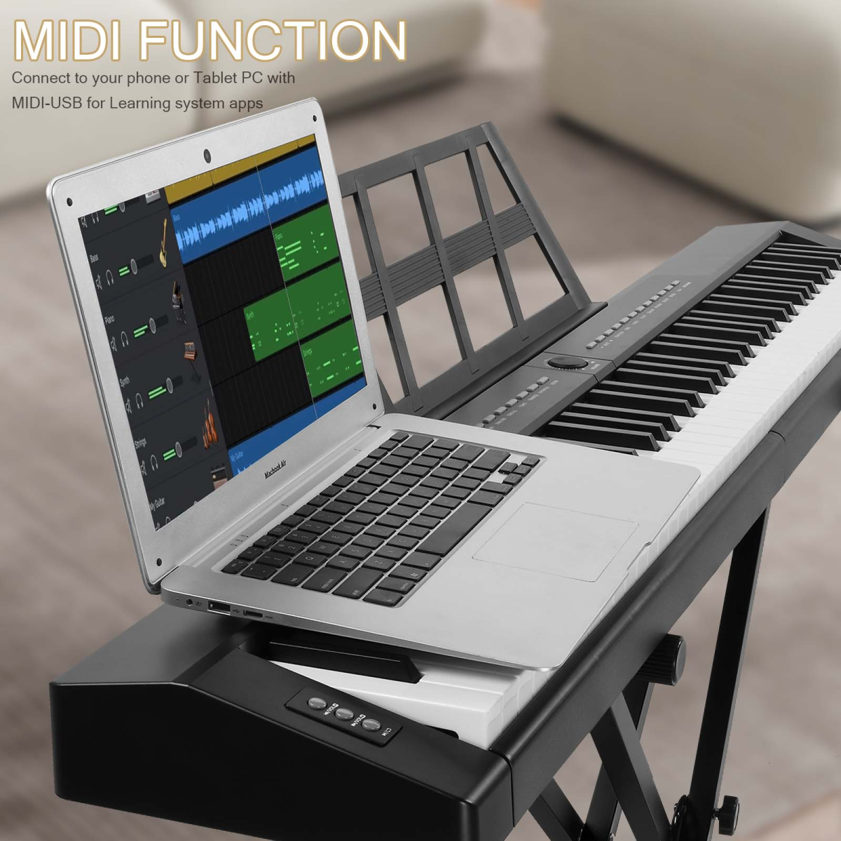 GPP-105 88 Key Full Size Semi-Weighted Standard Keyboards Digital Piano with Dual-tube X-Shape Stand, MIDI Bluetooth, Headphone，for Piano Lover Black color