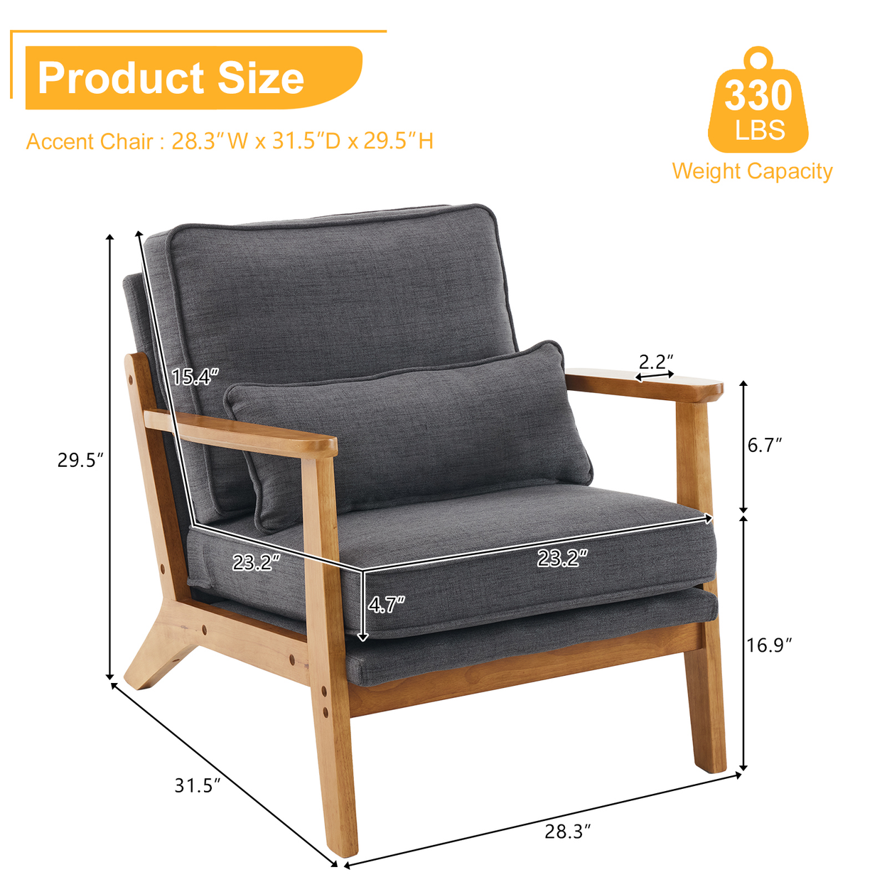 Mid-Century Oak Accent Chair - Linen-Cotton Dark Gray Upholstered Single Lounge Chair, Indoor Armchair with Sturdy Wood Frame (330LBS Weight Capacity)
