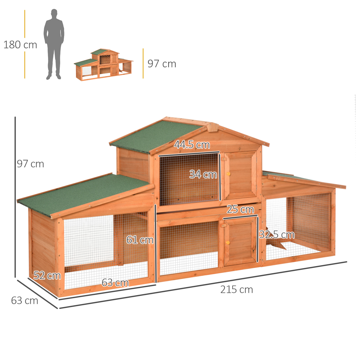 Deluxe Fir Wood Rabbit Hutch 2-Tier Metal Guinea Pig Small Animal House Pawhut