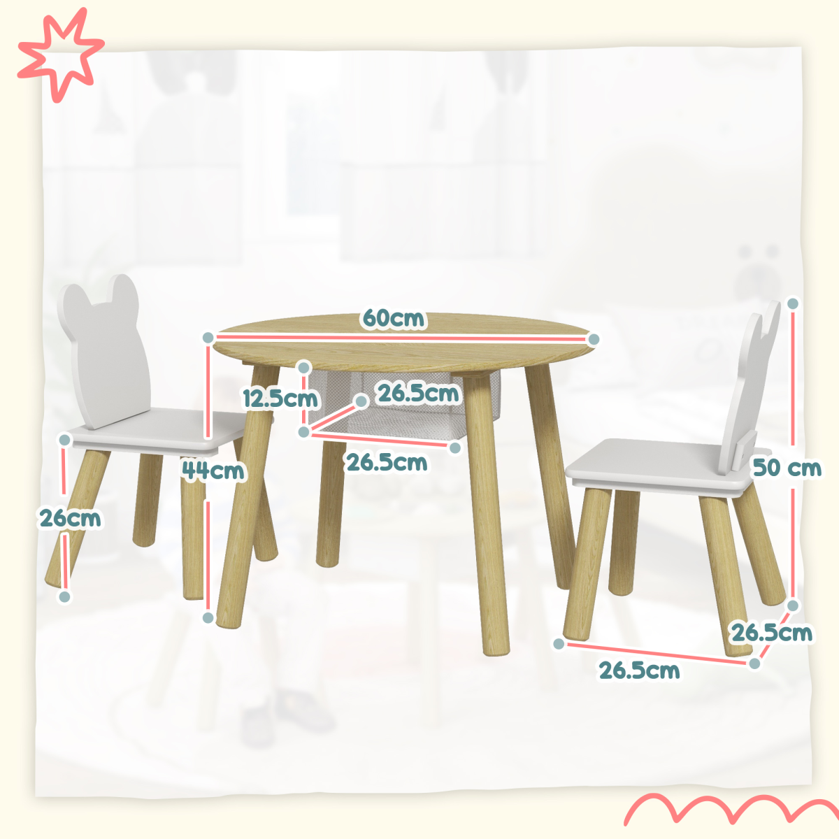 AIYAPLAY 3 Pieces Toddler Table and Chair Set w/ Centre Mesh Bag