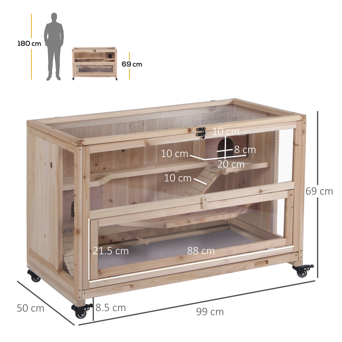 3-Tier Wooden Hamster Cage, Roden Small Animals Hutch, Ladders, Natural Wood