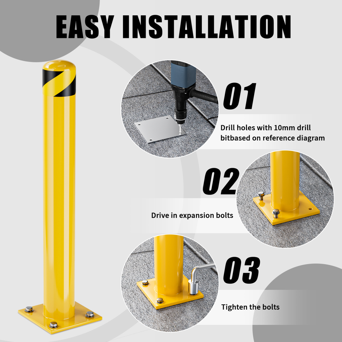 Parking Bollard Post, 48inch Bollards Steel, 4.5 Inch Diameter Bollard Covers, Yellow Powder Coated Safety Parking Barrier Post, for Traffic Sensitive Areas