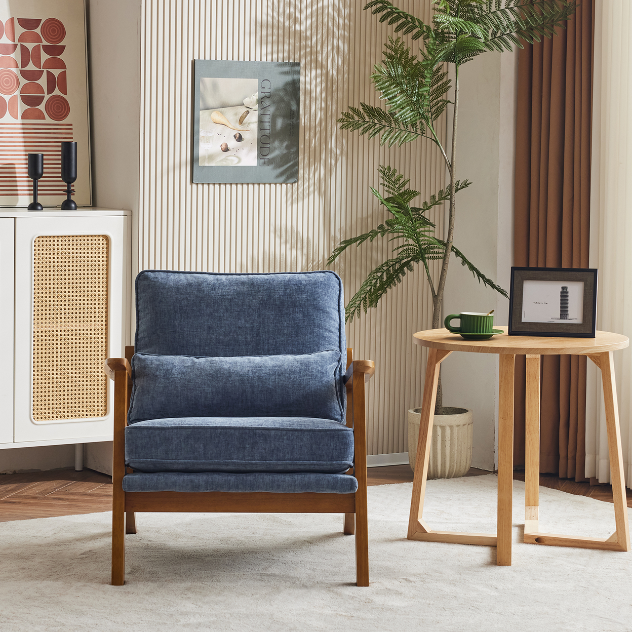Mid-Century Oak Accent Chair - Deep Navy Blue Chenille Upholstered Single Lounge Chair, Sturdy Wood Frame Indoor Armchair (330LBS Weight Capacity)