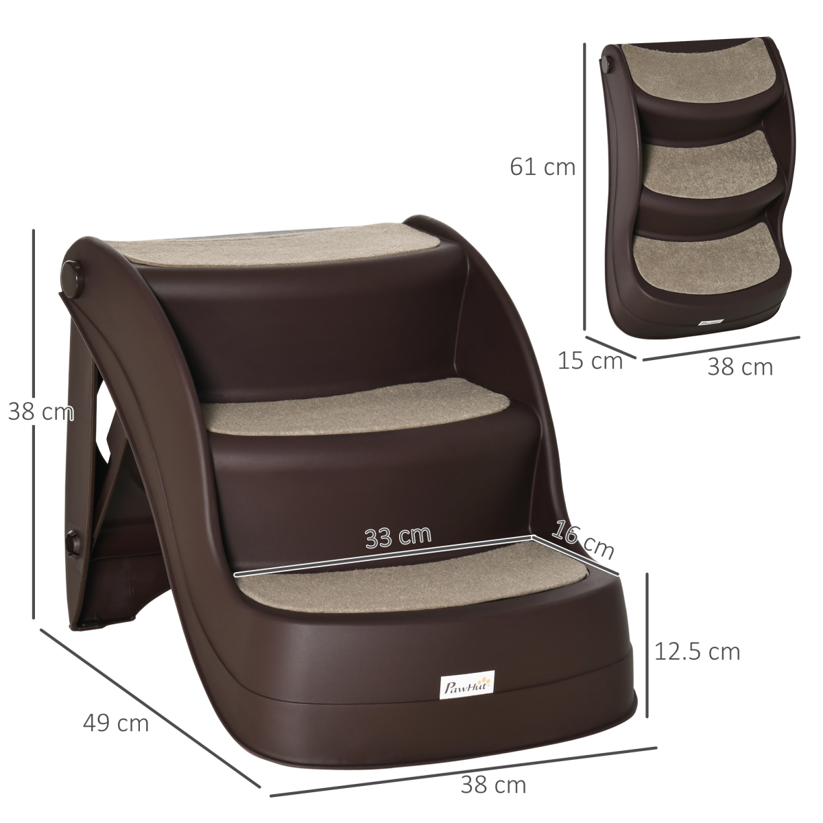 Portable Dog Steps Non-slip Pet Stairs 3-Step Design for High Beds Sofas, Brown