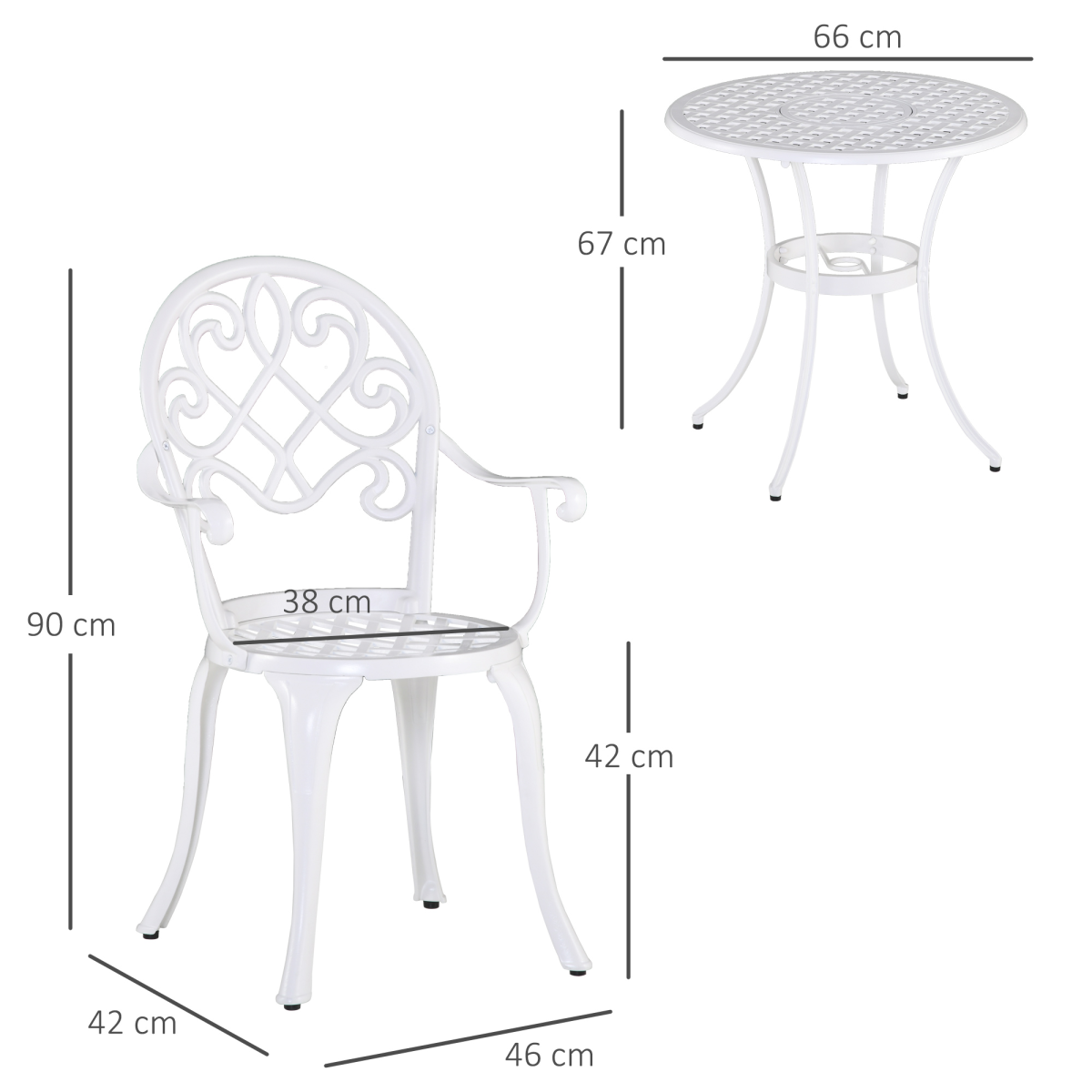 Outsunny 3PCs Garden Bistro Set Cast Aluminium Round Table with 2 Chairs White